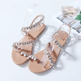 Fashion Rhinestone Women Ladies Bead Studded Detail Flat Sandals Peep Toe Casual Shoes