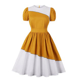 1950s Elegant Women Vintage Short Sleeve Yellow White Patchwork High Waist Robe Pin Up Swing Retro Dress