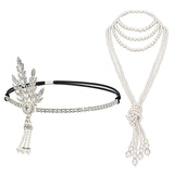 Great Gatsby Accessories Set for Women 1920s Flapper Pearl Necklace Headband Leaf Headpiece Party Costume Jewelry