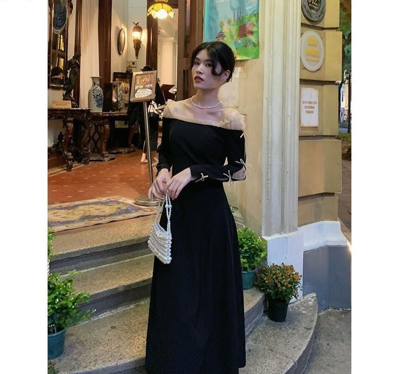 Korean Fahsion Evening Party Dress Women Off Shoulder Bow Vintage Midi Dress Lady Elegant Long Sleeve Black Dress 2021 Winter