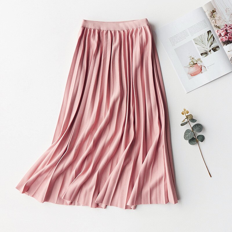 Women Elastic High Waist Slim Pleated A-Line Casual Solid Skirt Streetwear