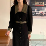 Office Long Sleeve Belted Shirt Dress PU Leather Trim Patchwork Button Up Midi Dress