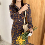 Women Fashion Print Mid-Length Dress Puff Sleeve Slim Waist Female A-line Dress 2021 Spring V-neck Vestidos