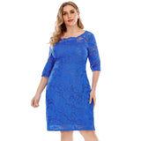 Royal Blue Formal 5XL Plus Size Women 3/4 Sleeve High Waist Lace Evening Party Dinner Dresses