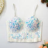 Sexy Beads Sequins Women Crop Tops Camis Cropped in Bra Party Spaghetti Strap Corset With Cups Push Up Bustier