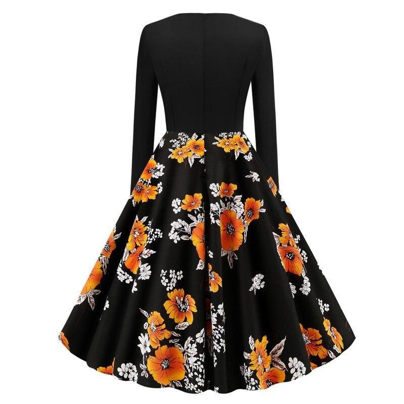 Multicolor Floral Print Sweetheart Neckline Long Sleeve Midi Autumn Vintage Style A Line Swing Dress