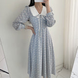 French Style Women's Spring and Summer Shirt Dress Fashion Print Retro Bow Long Sleeve Party Dress