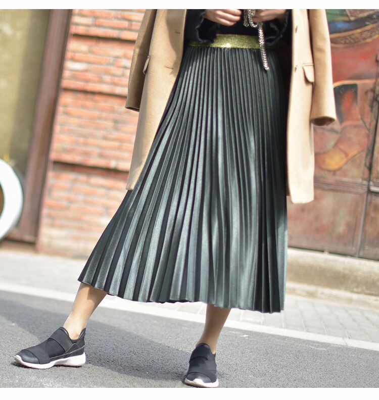 Autumn Winter Women Pleated Solid High Waist A-Line Long Maxi Skirt