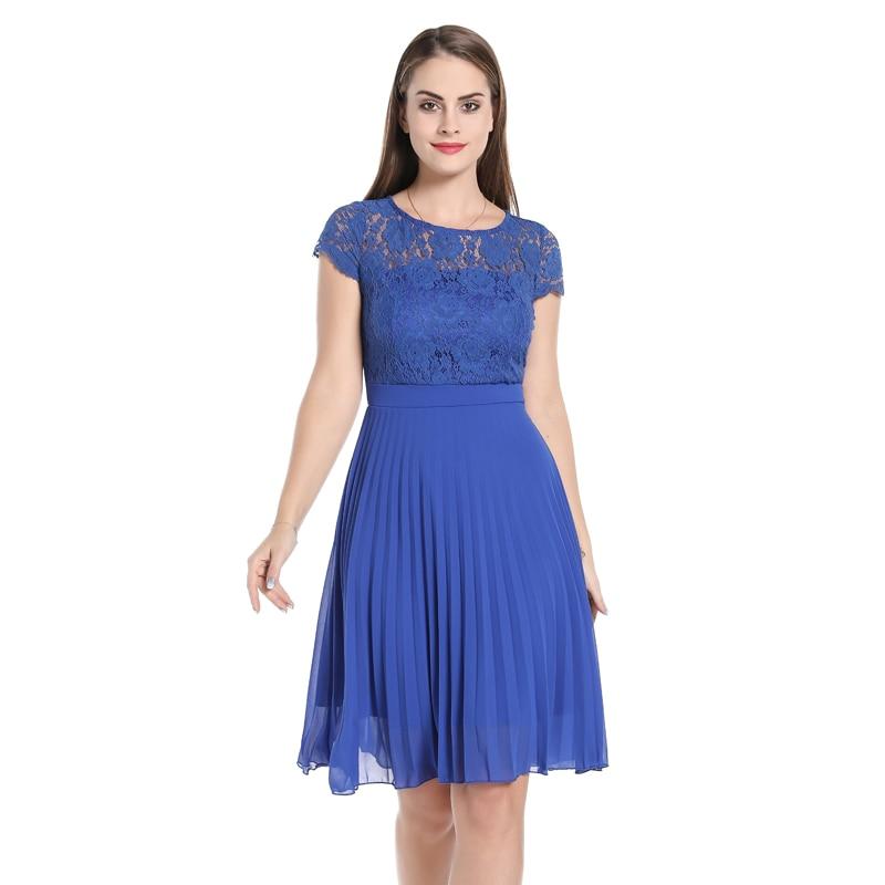 Blue Elegant Workwear Lace Pleated Chiffon Casual High Waist Summer Office Lady Swing Dress