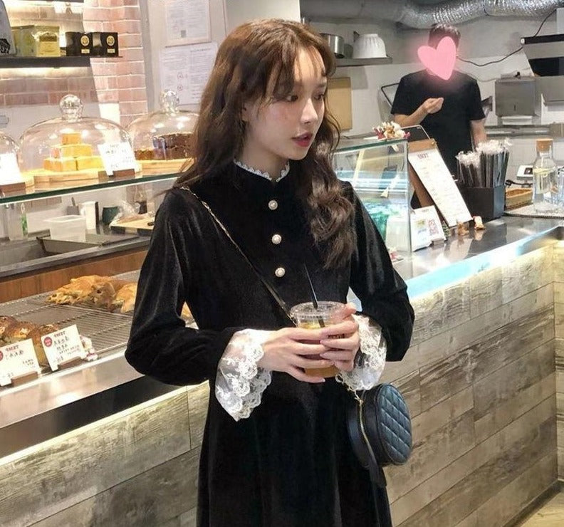 Velvet One Piece Dress Korean Fashion 2021 Winter Vintage Midi Dress Evening Paty Lace Design Long Sleeve Black Elegant Dress