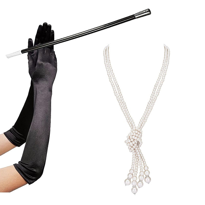 1920s Great Gatsby Accessories Set Costume Flapper Long Pearl Necklace Gloves Cigarette Holder Women Vintage Party Accessories