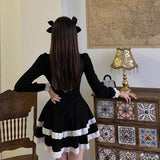 Black Vintage Dress Women Bow Designer French Style Lack Patchwork Full Sleeve Slim Mini Dress Chic 2020 Autumn Women's Clothing