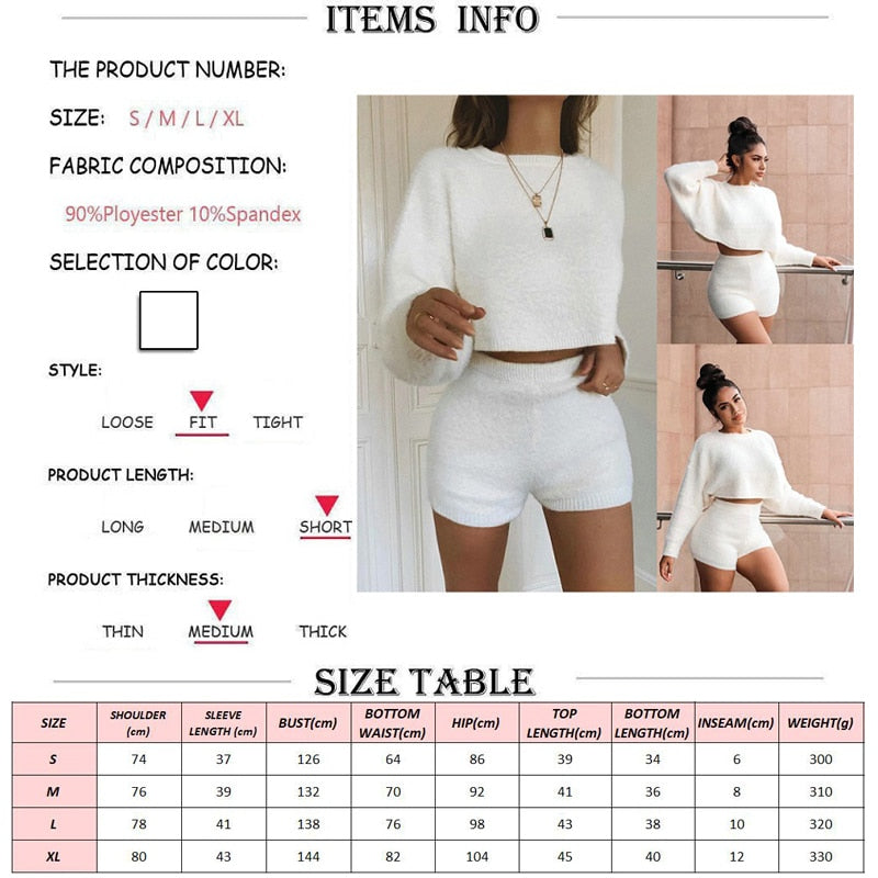 Women Soft Fluffy 2 Piece Set O Neck Long Sleeve Crop Top High Waist Skinny Shorts Casual Matching Outfits Set