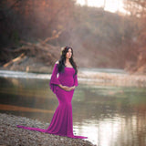 Pregnant Long Dress Women Flounce Sleeve Trailing Cotton Mermaid Dress Off-shoulder Elegant Pregnant Photograph Dress