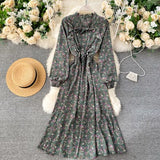 Women Casual Autumn Lady  Vintage Floral Printed Chiffon Shirt Dress Long Sleeve Bow Midi Spring Summer  Vestido