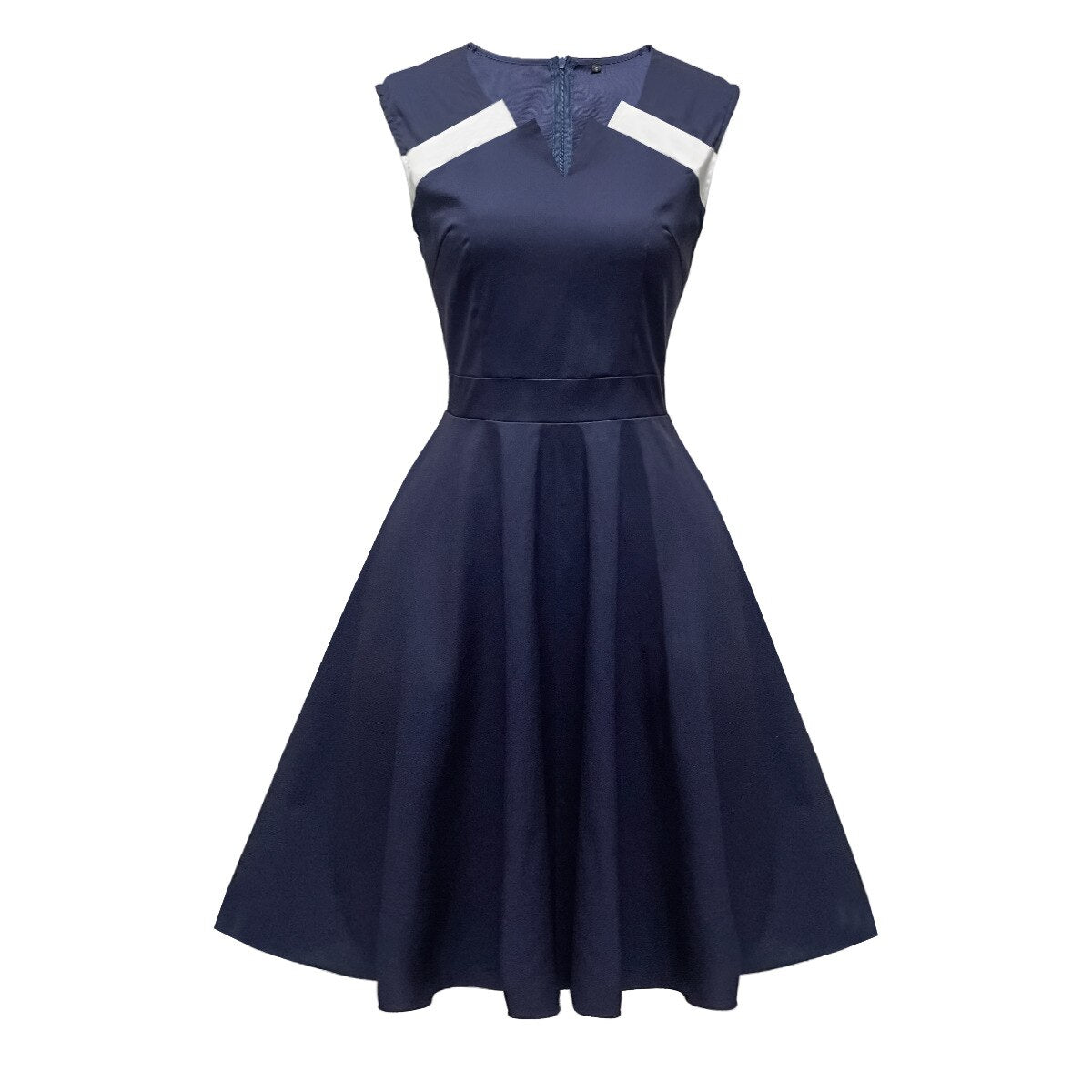 1950s Navy Blue White Women Sleeveless V Neck High Waist Robe Pin Up Swing Midi Short Party Dress