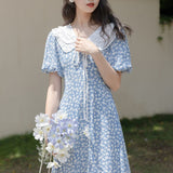 2021 Summer Sweet Elegant Dress Women Holiday Outing High Waist Blue Floral Casual Dress Female Puff Sleeve Fairy Midi Sundress