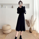 Autumn Winter Slim Kintted Dresses Women Long Sleeve A-line Korean Solid Knitted Thick Vestidos