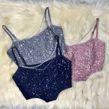 Pearls Chain Sequins Cami Sparkle Club Sequined Women Corset Tops