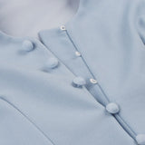 1950s Women Spring Party Retro Sleeve Bow Neck Button Up Shirt Swing Tunic Blue Vintage Dresses