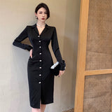 Women Notched Collar Bodycon Female Pencil Dress OL Style Mid-Length Dress Slim Waist Vestidos