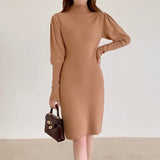 2021 Autumn Winter Fashion Sexy Half High Neck Women's Mini Knit Dress Casual Bodycon Solid Long Sleeve Ladies Dress