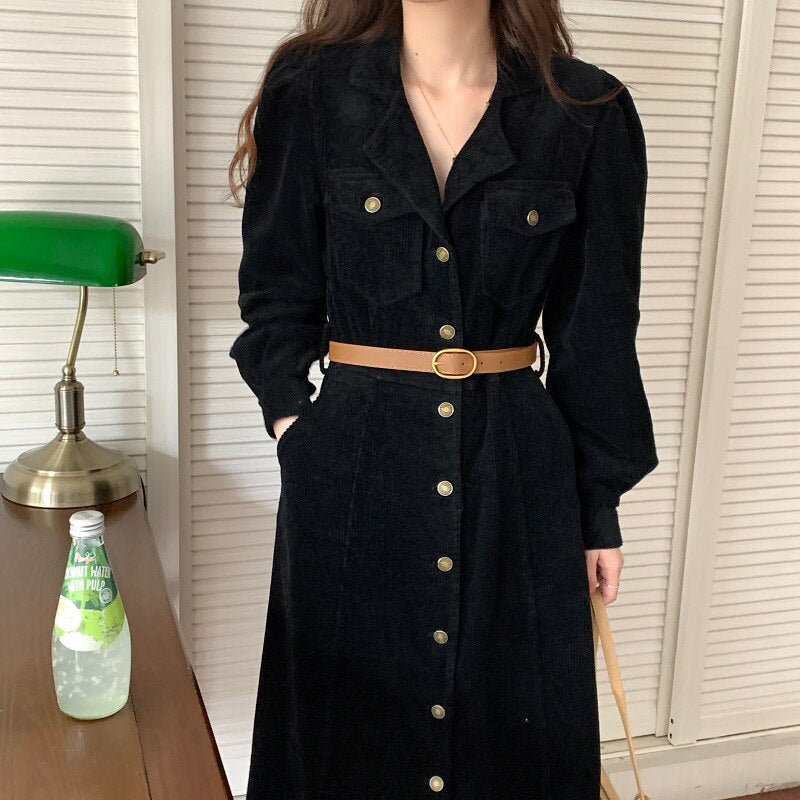 Office Notched Lapel Belted Midi Dress Autumn Winter Long Sleeve Button Up Corduroy Dress