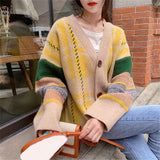 Autumn Women Coat Single-breasted V-Neck Knit Vintage Casual Loose Cardigans Patchwork Sweaters
