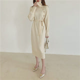 Turtleneck Long Sleeve Sweater Dress With Belt Button Knitted Elegant Midi Dress