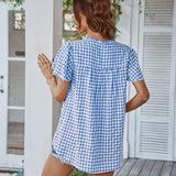Vintage Print Plaid Summer Shirt Bow V Neck Ruffles Casual Loose Blouse Top
