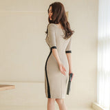 Summer Women Elegant Square Collar Double-Breasted Pencil Dress Female Casual Fashion Patchwork Sheath Vestdios