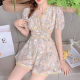 Kawaii Floral Short Jumpsuit Women Summer 2021 Lace Print  Casual Elegant Jumpsuit Puff Sleeve Korean Fashion Bohemian Clothes