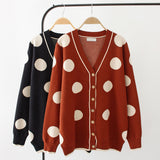 Autumn Women Casual Loose Knit Sweater Single-breasted V-Neck Dot Cardigans Tops Streetwear