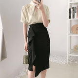 Summer Women High Waist Irregular Bodycon Casual Solid Straight Elegant Midi Skirt
