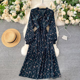 Women Casual Autumn Lady  Vintage Floral Printed Chiffon Shirt Dress Long Sleeve Bow Midi Spring Summer  Vestido