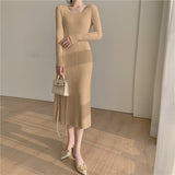 Women Square Collar Full Sleeve Sweater Midi Dress Autumn Winter Knitted Dress Casual A-Line Female Vestidos