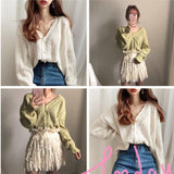 Women Knitted Sweater V-Neck Single-breasted Elegant Tops Femme Hollow out Cardigans Coat Outwear