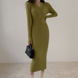 Elegant V-Neck Single-Breasted Women Solid Sweater Dress OL Style Long Sleeve Knitted Slim Midi Dress