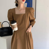 Elegant Square Collar Women Pleated Long Sleeve Dress Female Ankle-Length Dress Vestidos 2021