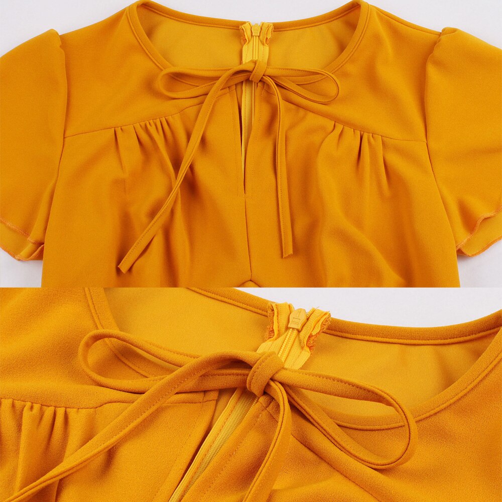 Orange Bowknot High Waist Short Sleeve Swing Casual Party Office Ladies Dresses