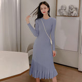 Women Autumn Winter Elegant Slim Midi Sweater Dresses Knitted Ruffle Dress Female A-line Casual Vestidos