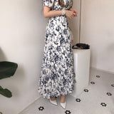 Summer Elegant Women Print Puff Sleeve Dress Casual Party Slim A-Line Maxi Pleated Dress