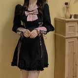 Black Princess Elegant Dress Women High Waist Slim Kawaii Gothic Dress Autumn Long Sleeve Bow Designer Party Mini Sweet Dress