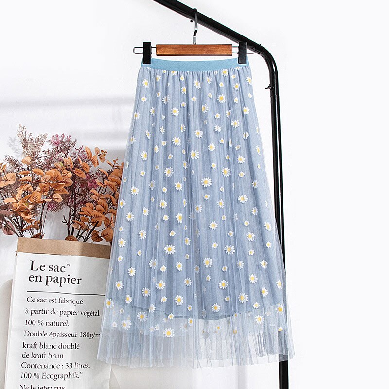 Spring High Waist Floral Embroidery Mesh Women A-Line Pleated Skirts Solid Mujer Faldas Femme Jupes