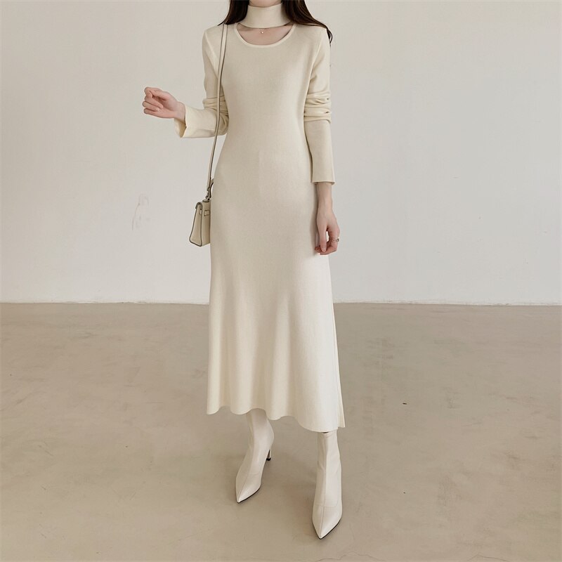 Autumn Winter Cut Out Long Sleeve Casual Midi Sweater Dress Elegant Turtleneck Knitted Dress