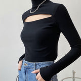 Women Elegant Sexy T-Shirts Long Sleeve Hollow Out Pullover Blouse Tops Two Wear