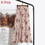 High Waist Floral Print Mid Calf Long Pleated Women Summer Vintage Elegant Chiffon Midi Skirt