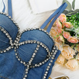 Autumn Lingerie Sexy Denim Rhinestone Women Cropped Top Corset Crop Tank Top Push Up Bustier Camis Built in Bra