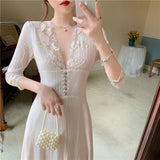 Elegant French Princess Style Lace V Neck Spring Autumn Dress Women  Long Sleeve High Waist  Female Clothes