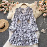 Print Casual Spring Autumn V Neck Long Sleeve Dress Elastic Waist Ruffle Hem Mini Dress